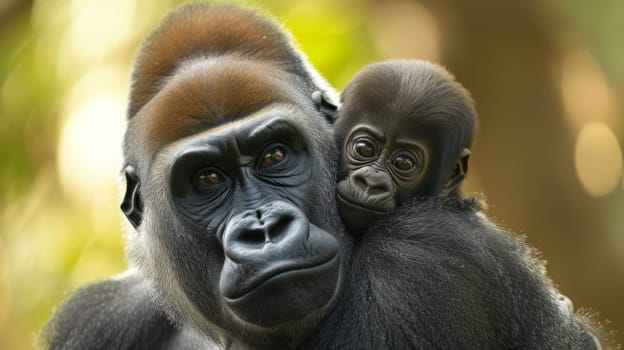 A gorilla with a baby on its back in the woods