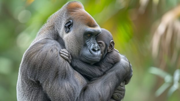 A gorilla holding a baby in its arms while standing