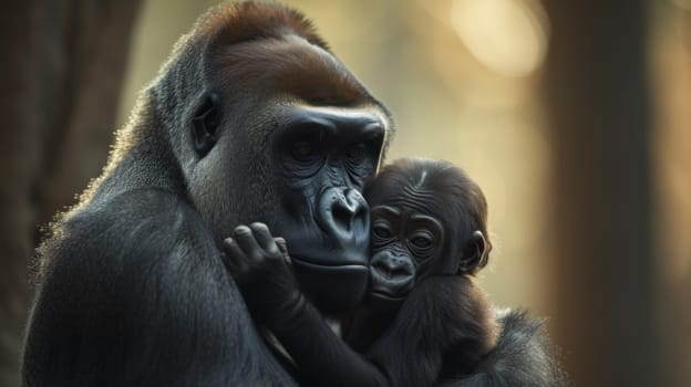 A gorilla holding a baby in its arms while standing