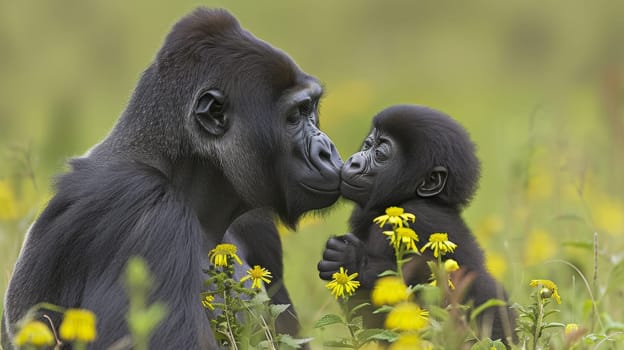 A gorilla and baby in a field of yellow flowers