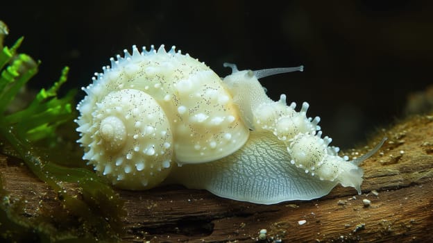 A snail is sitting on a log in the water