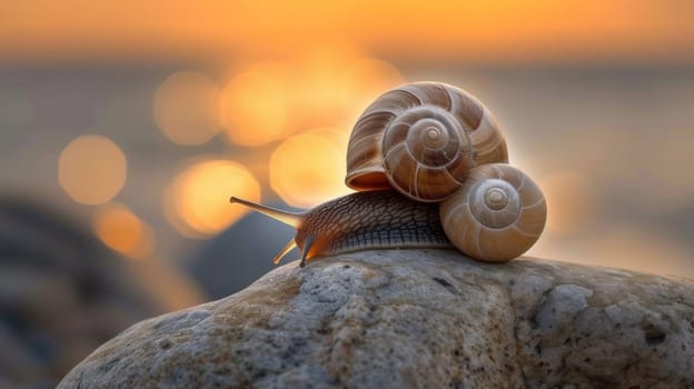 Two snails are sitting on top of a rock in the sun