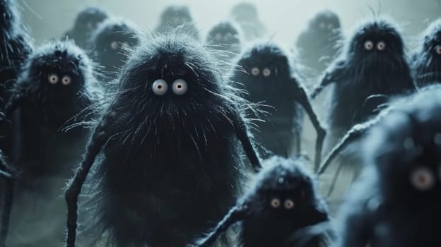 A group of black monsters with big eyes and long hair