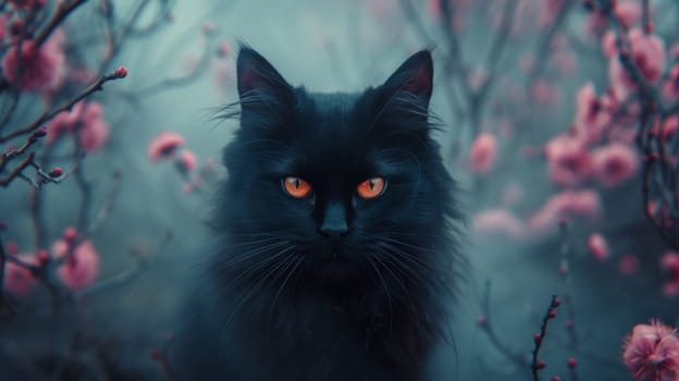 A black cat with orange eyes in a field of flowers