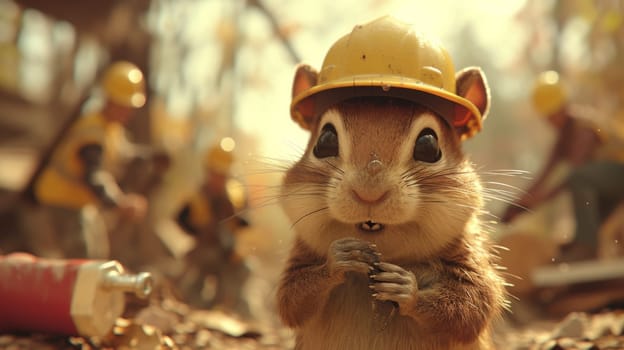 A squirrel wearing a hard hat and standing in front of construction workers