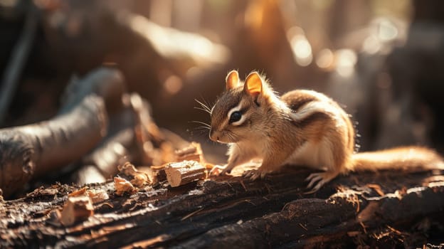 A small chipmunk sitting on a log in the woods