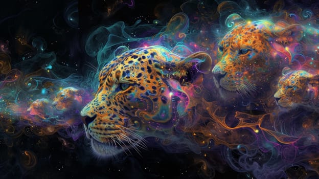 A group of leopards are surrounded by colorful swirls and smoke