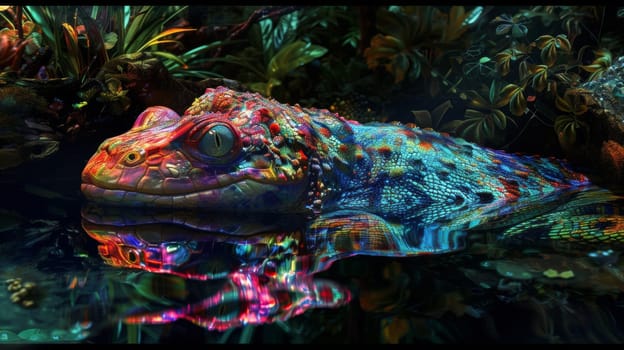 A colorful lizard is swimming in a pond with plants