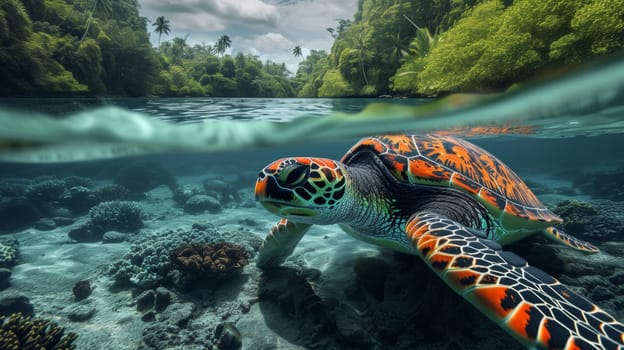 A turtle swimming in a tropical ocean with colorful coral reefs