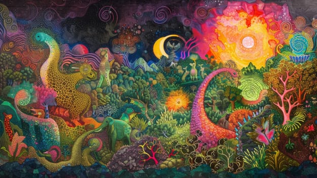 A painting of a colorful landscape with many different animals