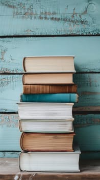 Stack of books on wooden board background. Neural network generated in January 2024. Not based on any actual scene or pattern.