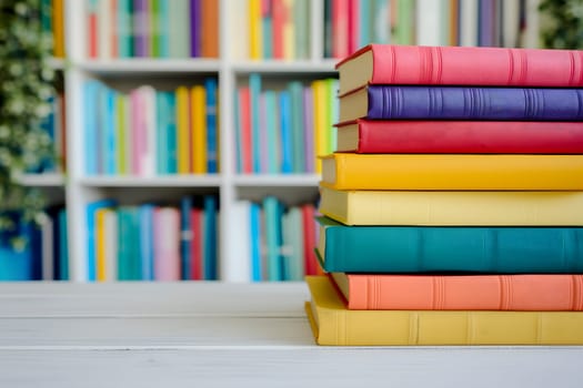 Stack of books on table in front of blurred book shelf. Neural network generated in January 2024. Not based on any actual scene or pattern.