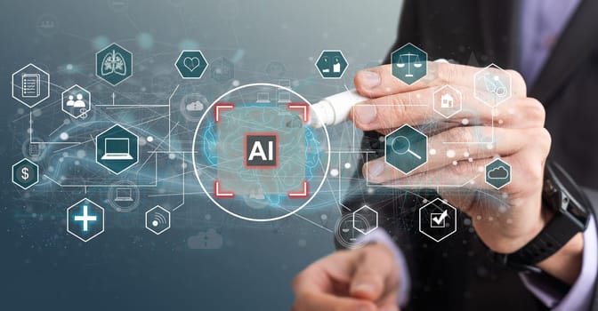 Artificial intelligence concept businessman holding ai on computer screen to using for in document management system and data analysis works. High quality photo