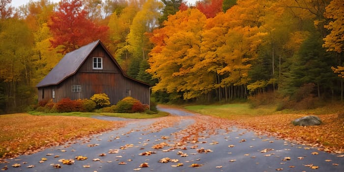 An inviting autumn scene, a cozy house, a winding road, and a majestic trees. Generative AI.