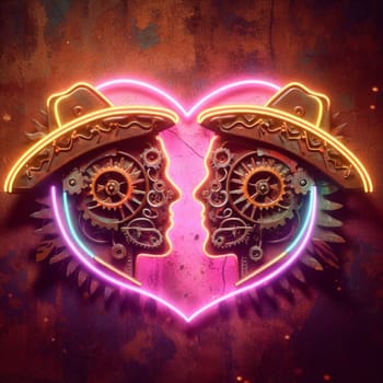 steampunk bee king and queen in love neon sign valentines illustration concept rusty background generative ai art