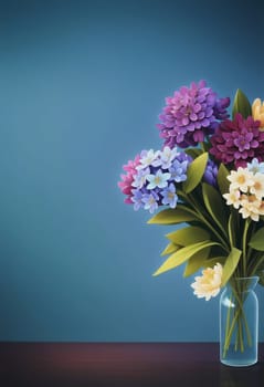 bouquet of different blooming spring lilacs in a vase isolated on blue background. AI generated image.