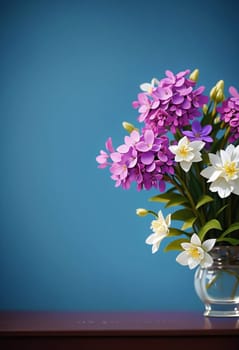 bouquet of different blooming spring lilacs in a vase isolated on blue background. AI generated image.