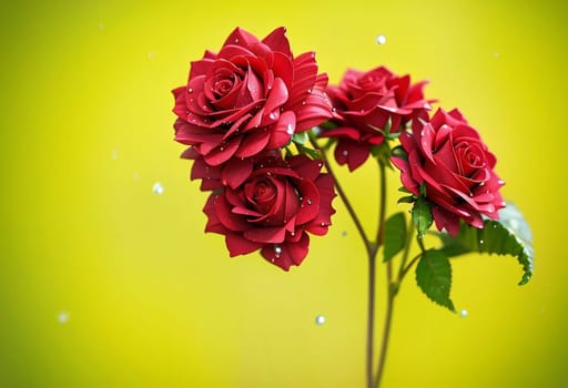 Flowers of beautiful blooming red rose isolated on green background. AI generated image.