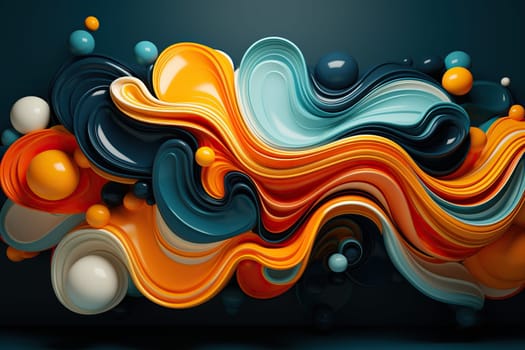 Abstract modern blue background with 3D elements in the form of spheres and colored waves.