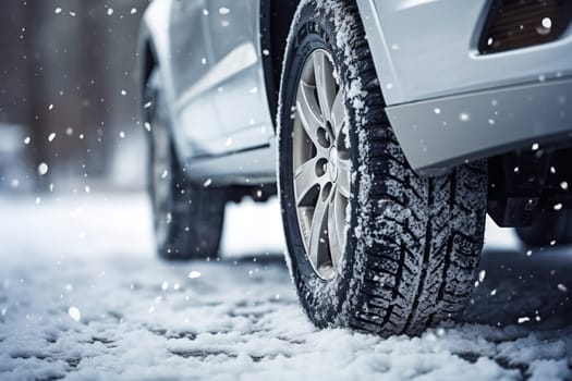 Close-up of car tires in winter on the road