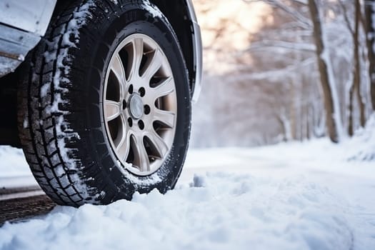 Close-up of car tires in winter on the road