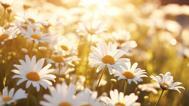 A field of daisies bathed in warm sunlight with a soft-focus background. High quality photo