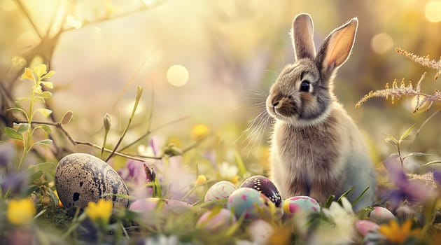 An adorable rabbit sits with colorful Easter eggs nestled in spring flowers at golden hour. High quality photo
