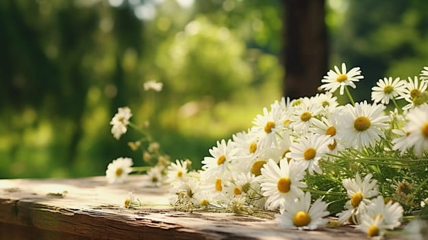 Bouquet of daisies on a wooden table, bathed in warm sunlight. High quality photo