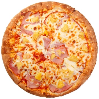 Delicious classic italian Pizza with bacon, pineapple and cheese mozzarella. Fresh italian classic original pizza isolated on white background. Top view.
