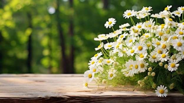 Bouquet of fresh daisies on a wooden table outdoors, green forest background. High quality photo
