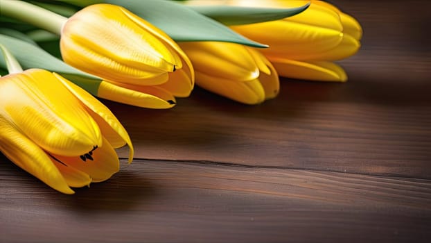 A bouquet of beautiful and delicate yellow tulips lie on a wooden table. Space for copying. Place for text. Banner. Close-up.