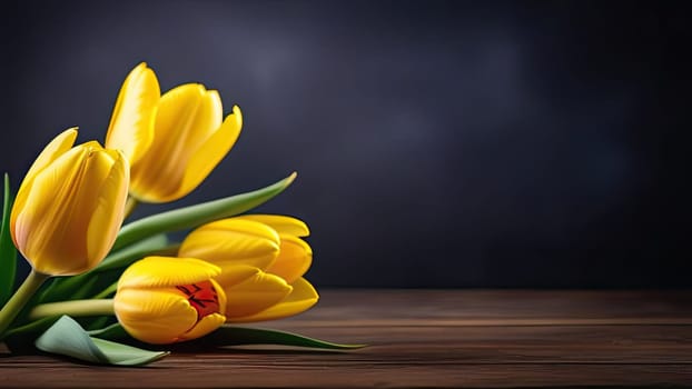 A bouquet of beautiful and delicate yellow tulips lie on a wooden table. Space for copying. Place for text. Banner. Close-up.