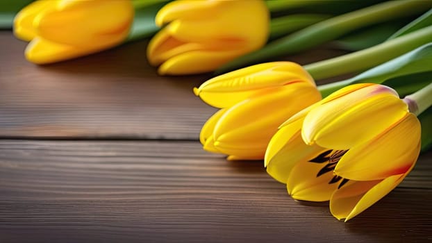 A bouquet of beautiful and delicate yellow tulips lie on a wooden table. Space for copying. Place for text. Banner. Close-up.