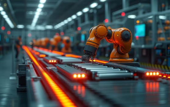 An automated conveyor belt in the factory moves robots made of composite material along the production line, showcasing the integration of engineering and industry