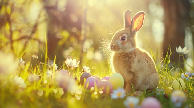 A bunny among flowers and Easter eggs in the sunlight. High quality photo