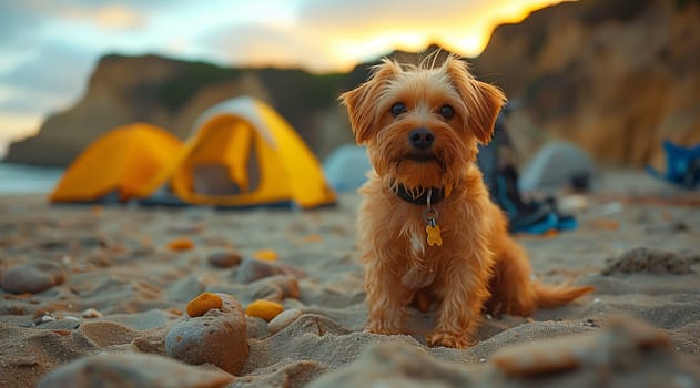 A toy dog breed is sitting on the beach in front of tents, enjoying the view of the sky and clouds while being a loyal companion dog