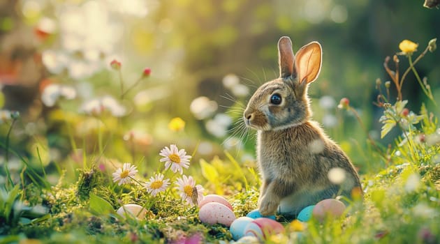 Rabbit surrounded by Easter eggs and flowers in sunlit field. High quality photo