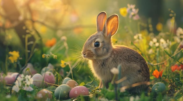 An adorable rabbit sits with colorful Easter eggs nestled in spring flowers at golden hour. High quality photo