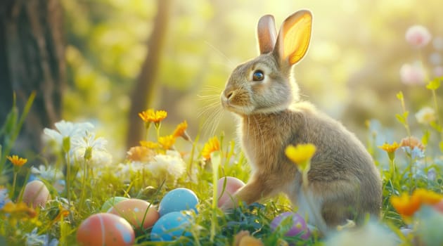 An adorable rabbit sits with colorful Easter eggs nestled in spring flowers at golden hour. High quality photo