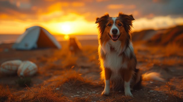 A brown and white Border Collie, a carnivore and companion dog breed, sits in a field at dusk under a cloudy sky, gazing at the horizon in the beautiful landscape