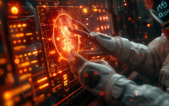 A man in a space suit is interacting with a futuristic computer screen, reminiscent of a scene from an actionadventure game or scifi film