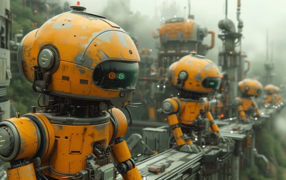 A line of orange robots, resembling fictional characters, are lined up on a bridge showcasing the latest in engineering and science in the field of motor vehicle transportation