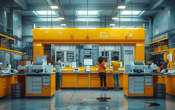 A group of individuals are gathered in an engineering laboratory, surrounded by water fixtures, machines, and gas. The building features modern flooring and leisure spaces