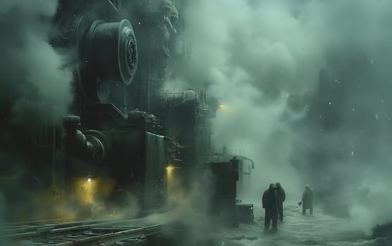 A crowd gathered in the foggy atmosphere, watching a steam engine. The cloud of smoke mixed with water vapor created a mysterious world around them