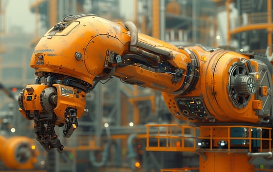 An engineering robotic arm is tirelessly working in a factory assembling auto parts for motor vehicles using metal pipes, inspired by the dexterity of terrestrial animals for efficient transport