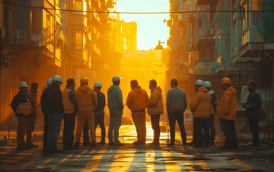 A group of construction workers are standing on a city street at evening, with the sun setting behind the buildings