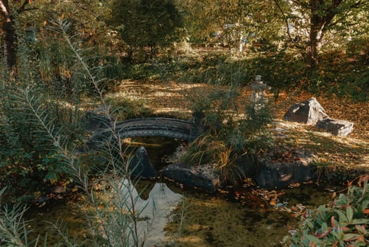 Beautiful Japanese Garden and red trees at autumn seson. A burst of fall color with pond reflections.