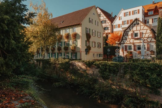 Old national German town house. Old Town is full of colorful and well preserved buildings. Baden-Wurttemberg is a state in southwest Germany bordering France and Switzerland. The Black Forest, known for its evergreen scenery and traditional villages, lies in the mountainous southwest. Stuttgart, the capital, is home to Wilhelma, a royal estate turned zoo and gardens. Porsche and Mercedes-Benz have headquarters and museums there. The 19th-century Hohenzollern Castle sits in the Swabian Alps to the south.