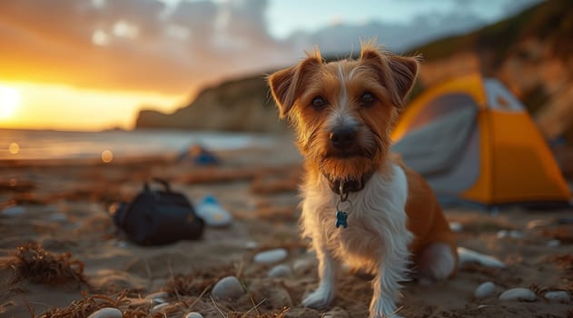 A small fawn companion dog from the Sporting Group is sitting on the sandy soil beach in front of a tent, under the sky