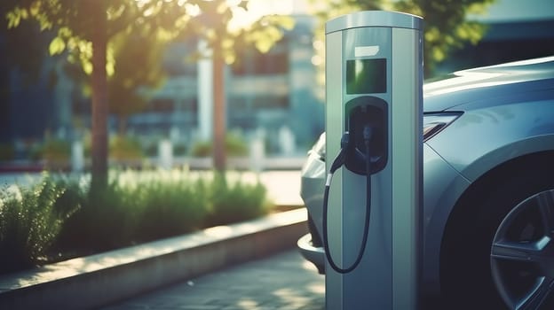 Electric cars charging at a gas station. The future of transportation with environmentally friendly vehicles. Green energy. Saving energy resources. Modern design. Electric cars. Respect for the environment and nature